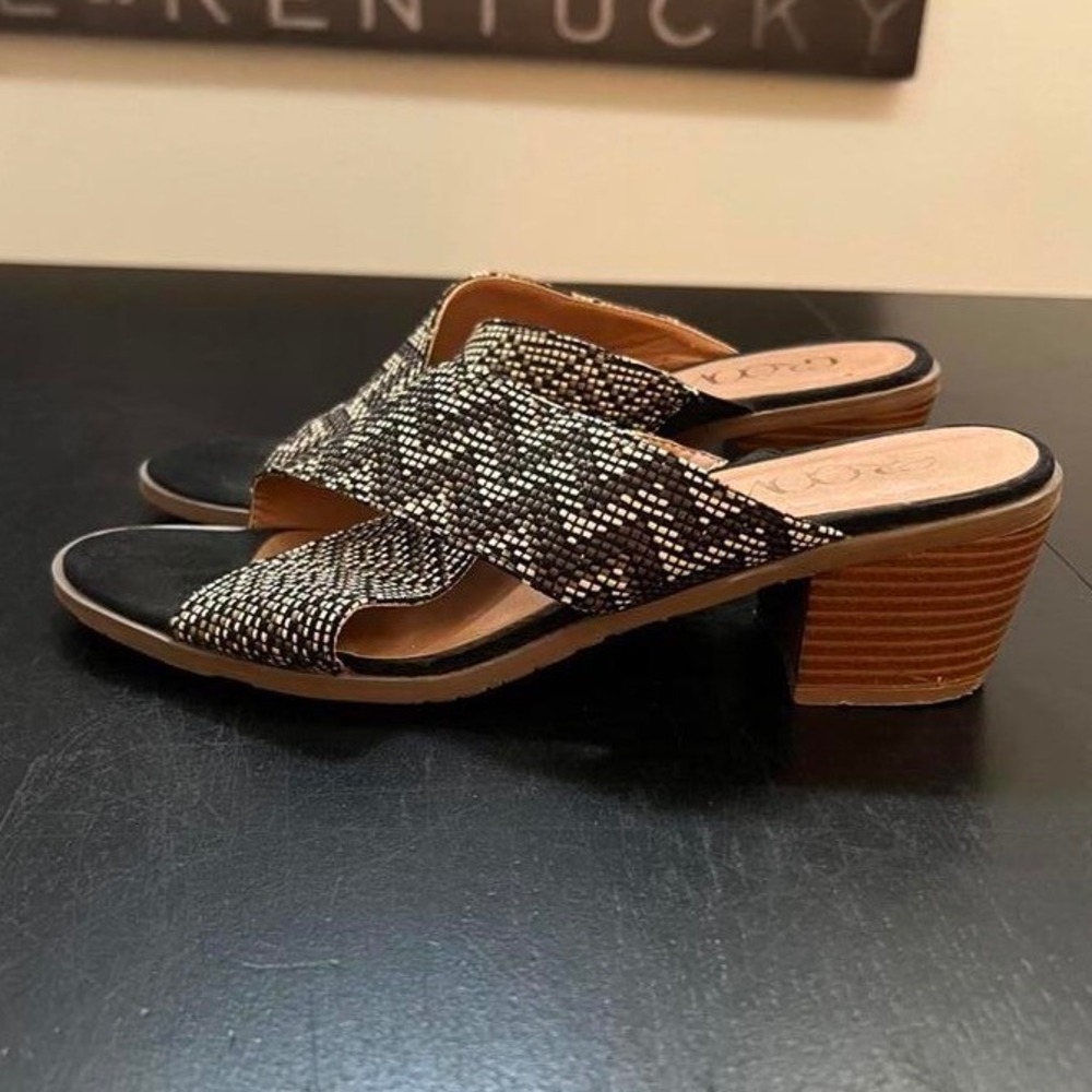 Groove Lacy Slide Sandals Black Cream Zigzag Block Heel Size 10